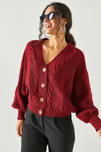 Olalook Women's Burgundy Thick Hair Braided Knitwear Cardigan - Image 5