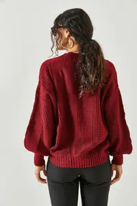 Olalook Women's Burgundy Thick Hair Braided Knitwear Cardigan - Image 6