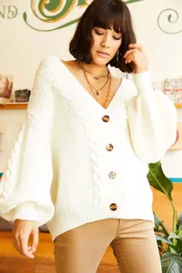 Olalook Women's Ecru Thick Hair Braided Knitwear Cardigan - Image 4