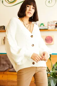 Olalook Women's Ecru Thick Hair Braided Knitwear Cardigan - Image 6