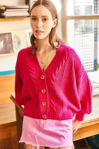 Olalook Women's Fuchsia Thick Hair Braided Knitwear Cardigan