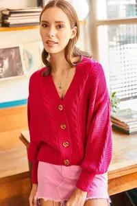 Olalook Women's Fuchsia Thick Hair Braided Knitwear Cardigan - Image 2