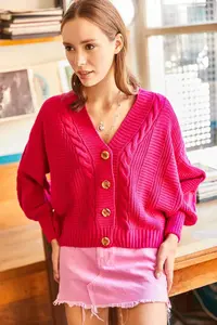 Olalook Women's Fuchsia Thick Hair Braided Knitwear Cardigan - Image 3