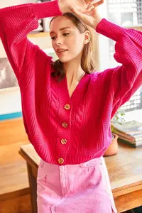 Olalook Women's Fuchsia Thick Hair Braided Knitwear Cardigan - Image 4