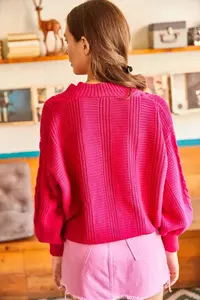 Olalook Women's Fuchsia Thick Hair Braided Knitwear Cardigan - Image 5