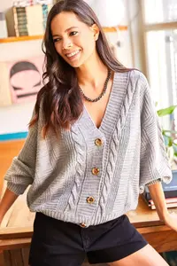 Olalook Women's Gray Thick Hair Braided Knitwear Cardigan