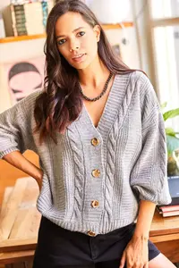 Olalook Women's Gray Thick Hair Braided Knitwear Cardigan - Image 2