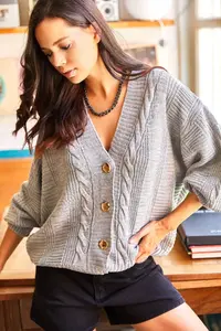 Olalook Women's Gray Thick Hair Braided Knitwear Cardigan - Image 3