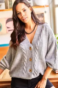 Olalook Women's Gray Thick Hair Braided Knitwear Cardigan - Image 6