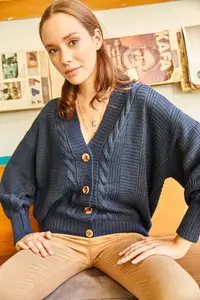 Olalook Women's Indigo Thick Hair Braided Knitwear Cardigan