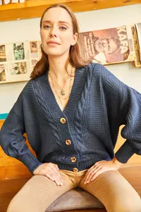 Olalook Women's Indigo Thick Hair Braided Knitwear Cardigan - Image 2