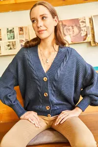 Olalook Women's Indigo Thick Hair Braided Knitwear Cardigan - Image 3