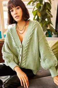 Olalook Women's Mint Green Thick Hair Braided Knitwear Cardigan