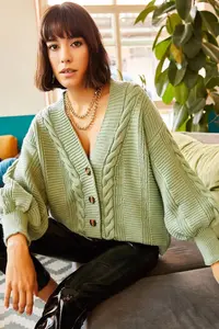 Olalook Women's Mint Green Thick Hair Braided Knitwear Cardigan - Image 2