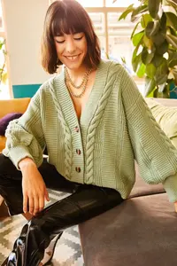 Olalook Women's Mint Green Thick Hair Braided Knitwear Cardigan - Image 3
