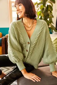 Olalook Women's Mint Green Thick Hair Braided Knitwear Cardigan - Image 4
