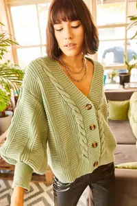 Olalook Women's Mint Green Thick Hair Braided Knitwear Cardigan - Image 5