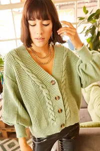 Olalook Women's Mint Green Thick Hair Braided Knitwear Cardigan - Image 6