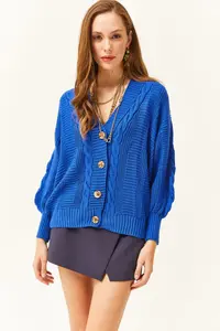 Olalook Women's Saks Blue Thick Hair Braided Knitwear Cardigan
