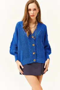 Olalook Women's Saks Blue Thick Hair Braided Knitwear Cardigan - Image 2
