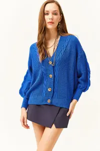 Olalook Women's Saks Blue Thick Hair Braided Knitwear Cardigan - Image 3