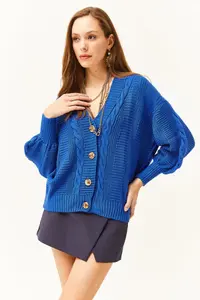 Olalook Women's Saks Blue Thick Hair Braided Knitwear Cardigan - Image 4