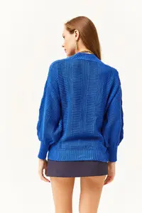 Olalook Women's Saks Blue Thick Hair Braided Knitwear Cardigan - Image 5