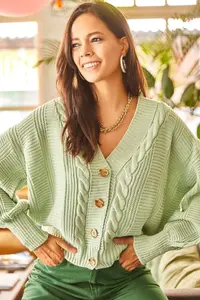 Olalook Women's Water Green Thick Hair Braided Knitwear Cardigan