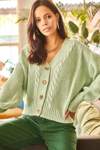 Olalook Women's Water Green Thick Hair Braided Knitwear Cardigan - Image 2