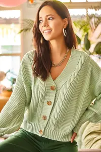 Olalook Women's Water Green Thick Hair Braided Knitwear Cardigan - Image 3