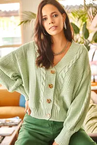 Olalook Women's Water Green Thick Hair Braided Knitwear Cardigan - Image 4