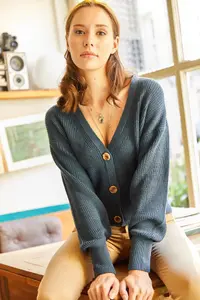 Olalook Women Indigo buttoned Knitwear Cardigan