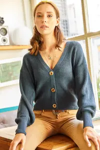 Olalook Women Indigo buttoned Knitwear Cardigan - Image 2