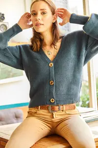 Olalook Women Indigo buttoned Knitwear Cardigan - Image 4