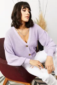Olalook Women Lilac buttoned Knitwear Cardigan - Image 2
