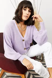 Olalook Women Lilac buttoned Knitwear Cardigan - Image 3