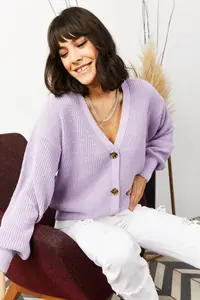 Olalook Women Lilac buttoned Knitwear Cardigan - Image 4
