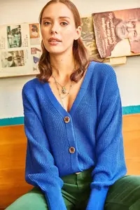 Olalook Women Saks Blue Blue buttoned Knitwear Cardigan - Image 2