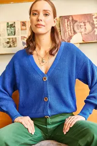 Olalook Women Saks Blue Blue buttoned Knitwear Cardigan - Image 3