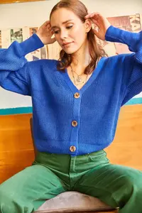 Olalook Women Saks Blue Blue buttoned Knitwear Cardigan - Image 4