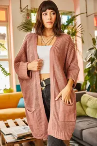 Olalook Women's Dusty Rose Sleeve Folded Pocket Casual Knitwear Cardigan