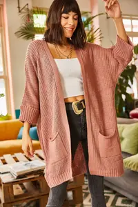 Olalook Women's Dusty Rose Sleeve Folded Pocket Casual Knitwear Cardigan - Image 2