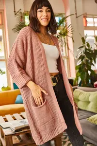 Olalook Women's Dusty Rose Sleeve Folded Pocket Casual Knitwear Cardigan - Image 3