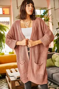 Olalook Women's Dusty Rose Sleeve Folded Pocket Casual Knitwear Cardigan - Image 4