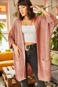 Olalook Women's Dusty Rose Sleeve Folded Pocket Casual Knitwear Cardigan - Image 5