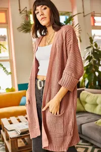 Olalook Women's Dusty Rose Sleeve Folded Pocket Casual Knitwear Cardigan - Image 6