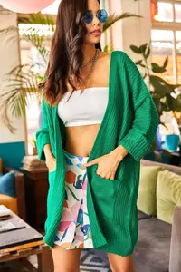 Olalook Women's Grass Green Sleeve Folded Pocket Casual Knitwear Cardigan - Image 3