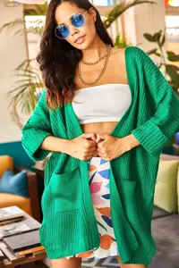 Olalook Women's Grass Green Sleeve Folded Pocket Casual Knitwear Cardigan - Image 4