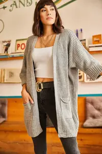 Olalook Women's Gray Sleeve Folded Pocket Casual Knitwear Cardigan - Image 2