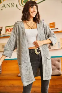 Olalook Women's Gray Sleeve Folded Pocket Casual Knitwear Cardigan - Image 3